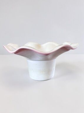 Vintage Pink Ceramic Ruffled Pedestal Bowl Cottagecore Decor